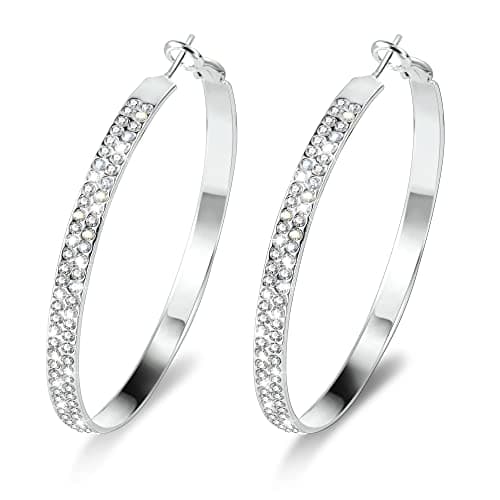 Image of Large Silver Bling Hoop Earrings with Cubic Zirconia Diamond Rhinestone, Hypoallergenic Sterling Silver 925 Jewelry for Women