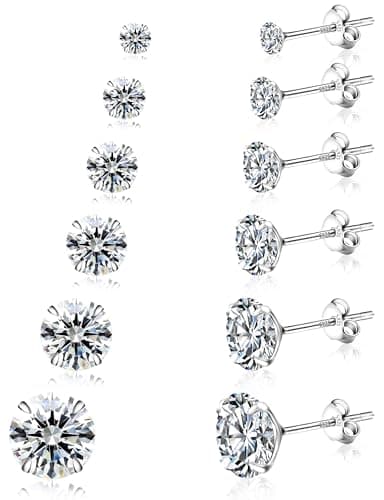 Image of Yiorxu 4/6 Pairs Sterling Silver Earrings for Women,Stud Earrings for Women,5A+ Cubic Zirconia Size,Hypoallergenic Earrings Set Anti-Oxidation Elastic Packing Box (Silver-6 Pairs)