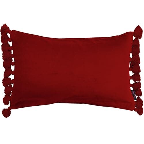 Image of Ragged Rose Oblong Cushion Cover - 50 cm x 35 cm Terry Velvet Fringe Cover for Bedroom & Lounge Area - Soft, Elegant, Cosy & Chic Cushion Covers, Red