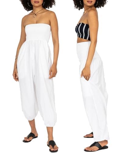 Image of likemary Petite Harem Pants Women Jumpsuits UK - Baggy Elasticated Waist Trousers Convert into a Comfy Cotton Straples Romper - White R