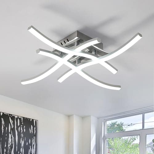 Image of Goeco LED Ceiling Light, 24 W Modern Curved Chandelier with 4 LED Boards Cold White Light 6500K, Semi-Flash Ceiling Lamps for Bedroom Living Room Kitchen, Silver 18 inch * 18 inch