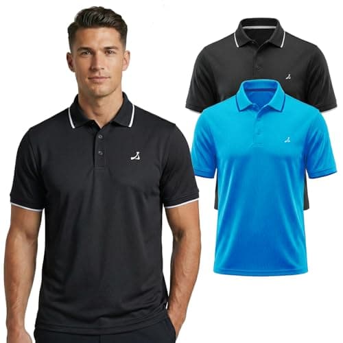 Image of Under Par 2 pack Men's Golf Polo Shirt with Stretch Breathable Fabric UV Protection Moisture Wicking Quick-Dry Short Sleeve Sports T-Shirt for Adult Running and Gym (pack of 2), Black & Turquoise, XL