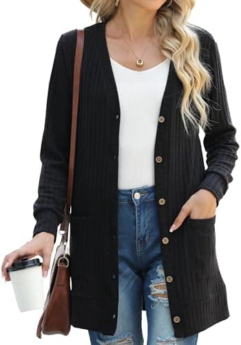 Image of GRECERELLE Womens Cardigan Long Sleeve Open Front Cardigans Button Down V Neck Ribbed Knit Lightweight Outerwear with Pocket (Black, L)