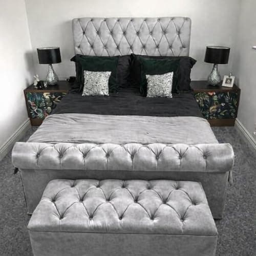 Image of Bespoke Chesterfield Plush Velvet Royal Slaigh Bed - Mattress/Gas Lift Options - UK Made - Double/King/Super King (Silver Plush, King size 5ft Bed Frame)