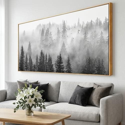 Image of vgrozirh Framed Ready to Hang Wall Art Foggy Forest Black and White Wall Art Nature Landscape Mountain Photographic Printed on Canvas for Bedroom Living Room Office Home Decor 20"x40"