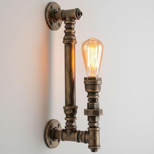 Image of LEDSone Industrial Steampunk Water Pipe Wall Light Vintage Rustic Metal Brushed Copper Wall Sconce E27 Wall Lamp for Bedroom, Kitchen, Café, Bar, Farmhouse Décor