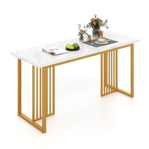 Image of COSTWAY Large Dining Table for 6-8 People, 160 x 60cm Rectangular Dinner Table with Metal Legs & Adjustable Foot Pads, Modern Kitchen Dining Room Office Working Desk (White+Gold, with Faux Marble Top)