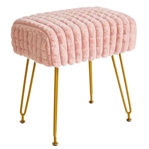 Image of IBUYKE Rectangular Footrest Stool Ottoman, Makeup Vanity Stool Side Table, Velvet Dressing Table Seat, Footstool Chair, Golden Steel Legs, for Makeup Room, Bedroom, Square grid pattern, Pink WBD003P