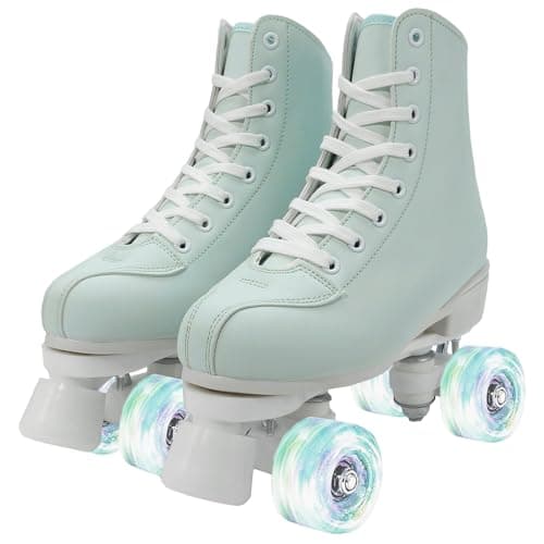 Image of XUDREZ Women Roller Skates Girls Roller Derby Skates Adult Skates Shoes Mint Green Four-Wheel RollerSkates for Beginner Outdoor Indoor (Green and white white flash heel,40)