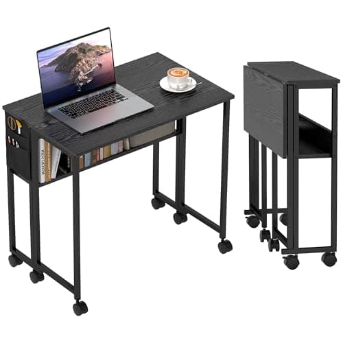 Image of HOMCOM Folding Desk with Storage Shelf and Bag, 80 cm Foldable Computer Desk for Small Spaces, Space Saving Writing Table on Wheels for Home Office, Bedroom, Easy Assembly, Black