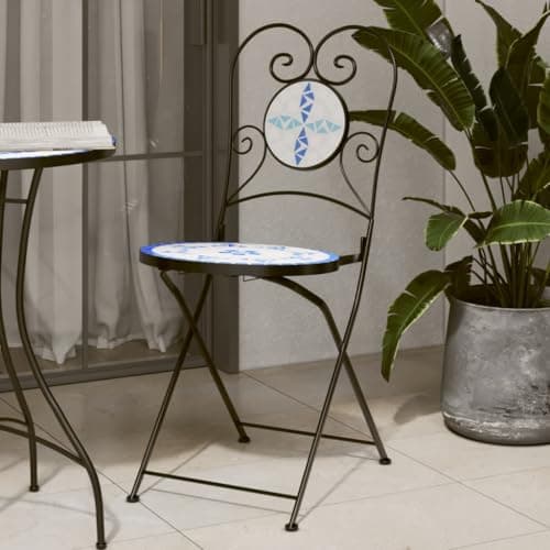 Image of SooIarix Bistro Chairs Set of 2 Folding Blue and White Ceramic Mosaic Design Garden Chairs Weatherproof 38 x 45.5 x 89.5 cm for Balcony, Patio