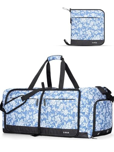 Image of Lekesky Large Foldable Travel Duffe Bag - 80L Waterproof Holdall Luggage Bag with Shoes Compartment, Weekend Overnight Sports Bag for Women and Men(Blue Stripe Silhouette, 72 * 33 * 34cm)