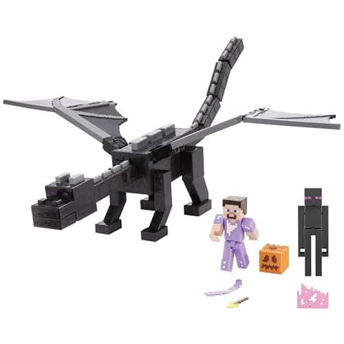 Image of Minecraft Ender Dragon Action Figures Set, Lights, Sounds & Mist with Steve & Enderman 3.25-in Scale Figures, HTN25