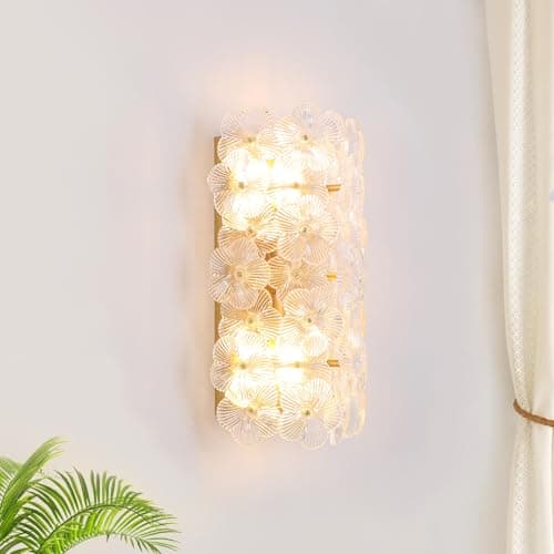 Image of Rviezza Modern Floral Wall Sconce, 2-Light Handcrafted Textured Glass Flower Shades, Elegant Wall Mounted Lamp Indoor Wall Lights for Bedroom, Living Room, Dining Room, Hallway, E14 Base