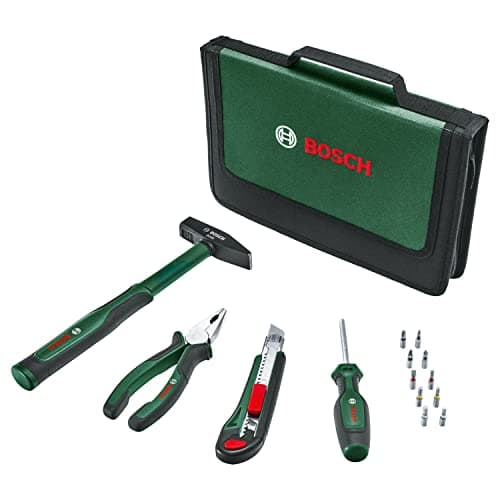 Image of Bosch Easy Starter Hand Tool Set 14 Pieces (Entry Starter Tool Set for General Household and DIY Works, Combination Pliers, Screwdriver, Cutter Knife, Hammer, 10 Bits)