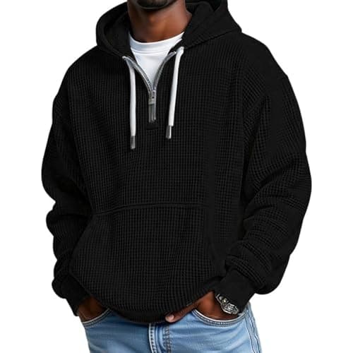 Image of NSICBMNO Black Hoodies For Men Uk Quarter Zip Hoodies Plus Size Long Sleeve Shirts Waffle Hoodie Oversized Sweatshirt Baggy Jumper Tunic Shirt Hooded Sweatshirts Drawstring Hoodie With Pocket