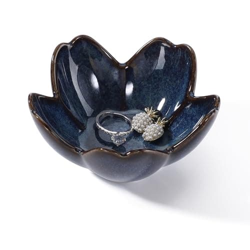 Image of YZMICSTAR Flower Ring Dish Holder,Jewelry Dish Tray,Small Trinket Tray,Jewelry Plate Bowl,Key Bowl,Decorative Plate,Birtdhay Christmas Gifts for Women Friends,Ceramic Kiln effect Blue