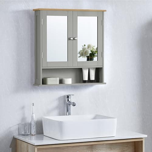 Image of Bath Vida Priano Double Door Bathroom Cabinet Wood Grey Oak Mirror Wall Mounted Storage Cabinet