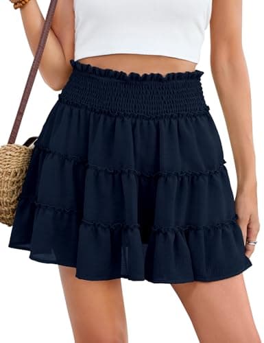 Image of PASUDA Womens Mini Skirts Elasticated High Waist Ruffle Short Skirts Summer Casual Flowy Tulle Skirt Ladies Elegant A-Line Skirt Built-in Shorts for Party Beach School(Navy Blue,M)