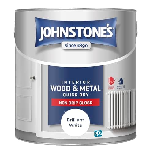 Image of Johnstone’s - Quick Dry & Non Drip Gloss Paint for Wood & Metal - Brilliant White | Interior & Exterior | Low Odour, Water-Based Formula, Dry in 1-2 Hours | 10m2 Coverage per Litre | 2.5 L