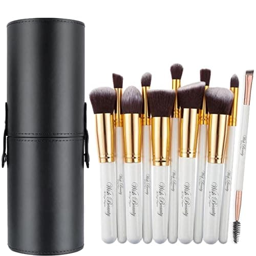 Image of Glamified-Glam Professional Makeup Brushes Set (12Pcs), Pearl Flash Handles, Comfortable To Hold And Easy To Use. Full Face Travel Make up Brushes Set Professional With Case. (Rose Gold and White)