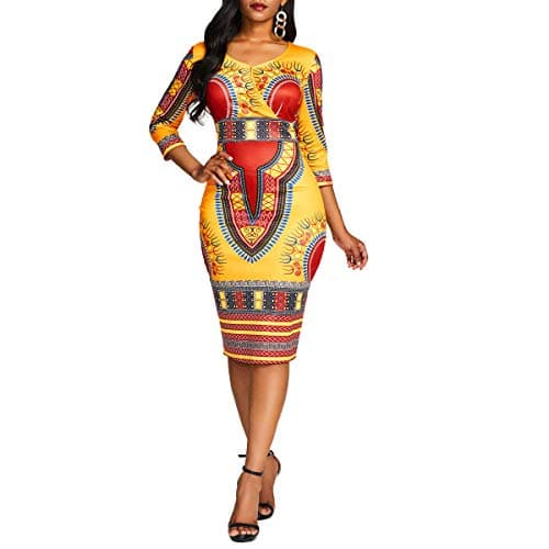 Image of VERWIN Mid-Calf V Neck Three Quarter Sleeve Print Women's Bodycon Dress African Midi Dress L Ochre