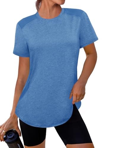 Image of Gyabnw Gym Tops for Women UK Running T Shirt Sports Workout Clothes Pilates Activewear Sun Protection Blue