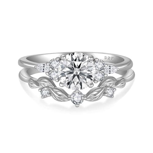 Image of FJ 1CT Moissanite Engagement Ring Set 925 Sterling Silver 18K White Gold Plated Promise Anniversary Wedding Ring Leaf Nature Inspired Jewellery for Women, D Color VVS1, Size L