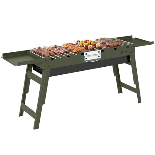 Image of Outsunny Portable BBQ Grill, Foldable Charcoal Grill for Camping and Picnics, Charcoal Barbecue with 2 Side Shelves and Handle, Green