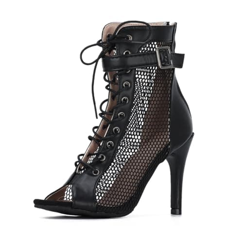 Image of EVEOUT Women's Mesh Sandals High Heel Peep Toe High Top Lace Up Summer Sexy Boots Buckle Strap Party Shoes Black