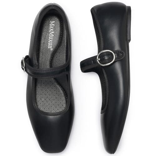 Image of MaxMuxun Women's Mary Jane Flats Square Toe Comfortable Shoes,Breathable Woven Flats for Women Black Size 4