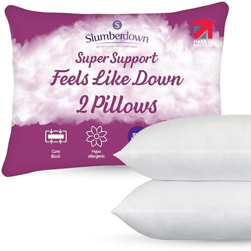 Image of Slumberdown Feels Like Down Pillows 2 Pack - Super Support Down Alternative Pillow for Side Sleepers, Core Foam Block | UK Made, Non-Allergenic, Washable (48 x 74cm)