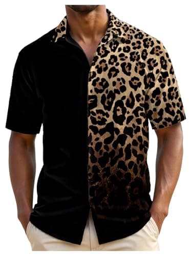 Image of GORGLITTER Men's Leopard Print Button Front Shirts Lapel V Neck Short Sleeve Rave Shirt Black Leopard Large
