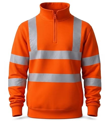 Image of Hi Vis Quarter Zip Sweatshirt, High Visibility Safety Quarter Zip Sweatshirts, Adult High Viz Full Sleeve Half Zip Shirt, 360° Reflective Bands Top (UK, Alpha, XL, Regular, Regular, Orange)