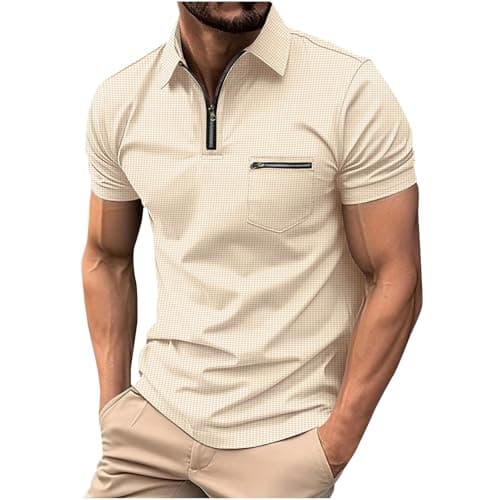 Image of Mens Polos Shirts Short Sleeve UK Sale, Quarter Zip Golf Polos Shirts Slim Fit Solid Color Tennis T-Shirt Breathable Summer Casual Waffle Tee Tops Turn-Down Collar Pullover with Zipper Pocket Beige