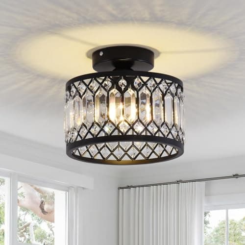 Image of GreeLustr Crystal Black Ceiling Light Fixture, Modern Semi Flush Mount Ceiling Light, Round Hallway Chandelier Lighting for Foyer Bedroom Entryway Laundry Room, 1-Light, E27 (Bulb not Included)