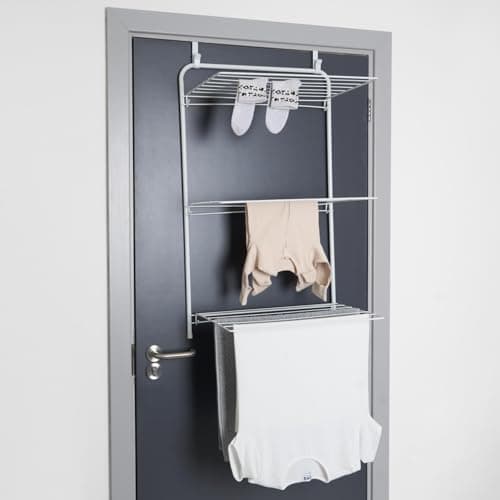 Image of OHS Over Door Clothes Drying Rack, Tiered Foldable Drying Rack Easy to Pull and Open Over Door Airer Indoor Outdoor Multi-Tiered Design Clothes Airer, White