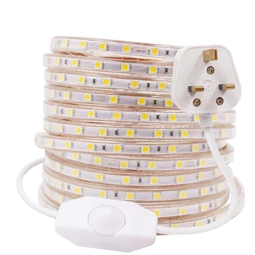Image of GQL 3m Dimmable LED Strip Mains Powered, Warm White SMD 5050 60leds/m IP65 Waterproof Commercial Rope Light with UK Plug, DIY Indoor Outside Decor Ribbon Lighting