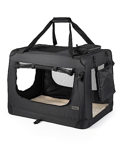 Image of lionto Dog transport box foldable for travel & car, 60x42x44 cm, sturdy transport box with carrying handles & blanket for cats & dogs up to 12 kg, sturdy fabric dog box for small & large, black
