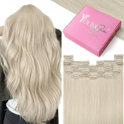 Image of YoungSee Clip in Hair Extensions Real Human Hair Blonde 12 inch 80g Clip in Human Hair Extensions Platinum Blonde Clip in Extensions White Blonde for Women Short Straight 7Pcs