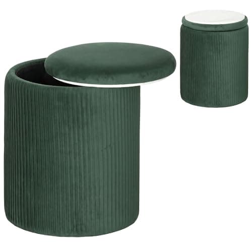 Image of HOMCOM Round Storage Ottoman, Velvet-feel Fabric Upholstered Foot Stool with Removable Top, Padded Seat and Hidden Space for Living Room, Bedroom, Dark Green