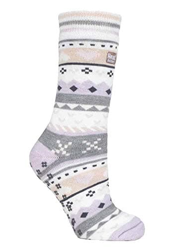 Image of HEAT HOLDERS - Ladies Soul Warming Thick Cosy Fairisle Nordic Winter Non Slip Thermal Slipper Socks with Grippers (4-8 uk, Lilac/Grey (Soul))