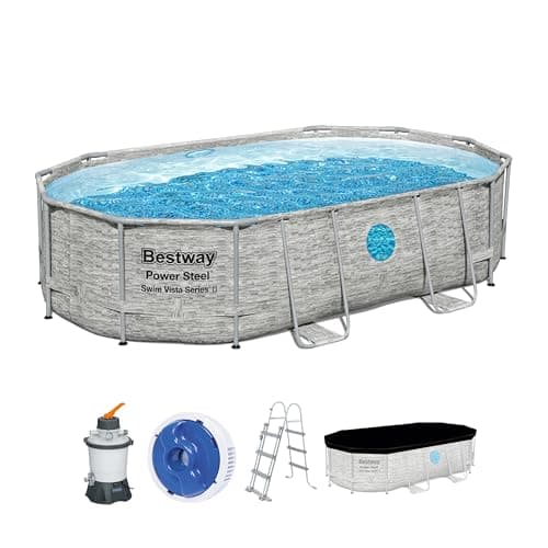 Image of Power Steel Swim Vista Series Oval Pool Complete Set with Sand Filter System, Safety Ladder and Tarpaulin 488 x 305 x 107 cm