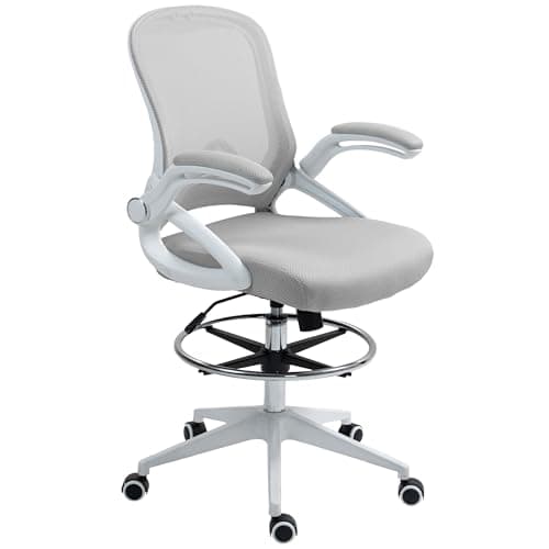 Image of Vinsetto Drafting Chair with Flip-up Armrest, 360 Degree Swivel Mesh Office Stool with Foot Ring, Height Adjustable Chair for Standing Desk, Light Grey