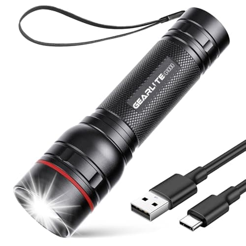 Image of GEARLITE Rechargeable LED Torch, 2000LM Torches LED Super Bright with 3 Modes, Portable Small Torch with Battery, Waterproof Flashlight Zoomable for Power Cut, Emergency, Camping, Hiking, Outdoor