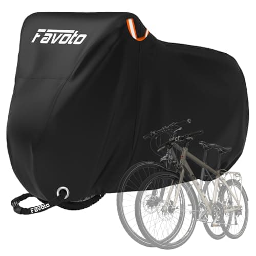 Image of Favoto Bike Cover for 2 Bikes - 210T Waterproof Outdoor Bicycle Storage, Black Cover with Lock Hole, 2 Windproof Buckles & Storage Bag, UV Protection for Mountain & Road Bikes (210×110×95cm)