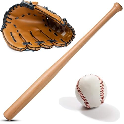 Image of Wooden Baseball Bat with Glove and Ball Set – Classic 3-Piece Baseball Kit for Kids & Adults – Training Practice Equipment for Outdoor Sports, Backyard Games & Beginners
