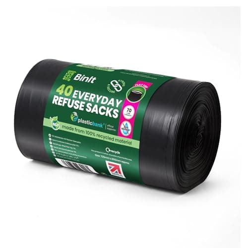 Image of BIN IT 40 Everyday 70L Strong & Secure, Refuse Sacks, Bin Bags, Bin Liners, Flat Top, Recycled, Tear Resistant, 30 μm, Perfect for Everyday Use, Household, Office, Kitchen & Caterers