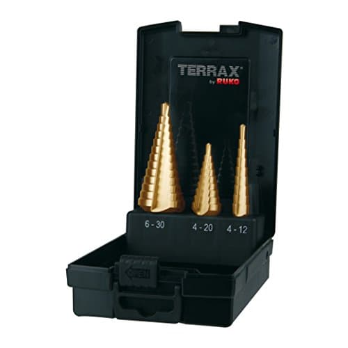 Image of Ruko Terrax by Straight Fluted 3 Piece Step Drill Bit Set HSS-TiN in Sizes 0, 1, 2, 9 in a Stable, Practical Plastic Case A101 126TRO – Pack of 1