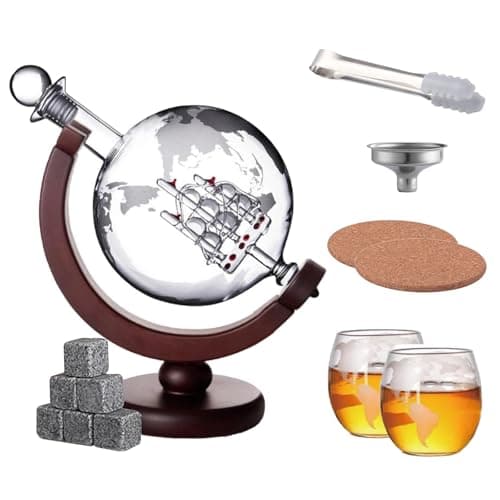 Image of Whiskey Decanter and Glass Set, Globe Decanter with 2 Glasses, 9 Ice Cubes, Wooden Coaster, Gold Whiskey Dispenser Airtight Stopper for Wine Whiskey, Scotch, Vodka Gift Set